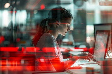 Poster - Woman Working on a Computer with Red Blurred Lines