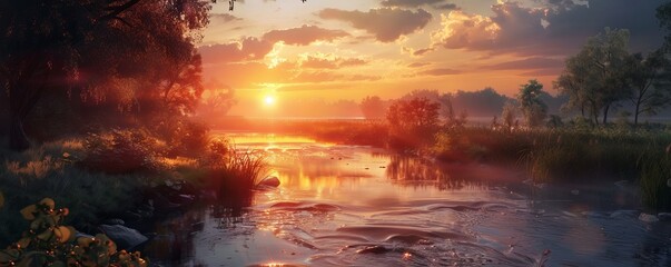 Wall Mural - Sunset over a tranquil river, 4K hyperrealistic photo