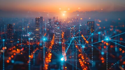 Canvas Print - Futuristic Smart City with Interconnected Digital Infrastructure and Glowing Night Skyline