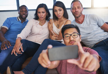 Poster - Selfie, diversity and business people in modern office, creative agency and cooperation. About us, group and employees with social media, company website and startup with collaboration and memory