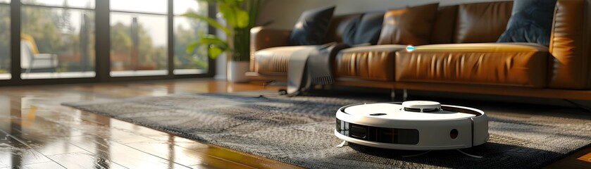 Poster - Autonomous Robot Vacuum Cleaning Modern Home With Advanced Household Technology Concept