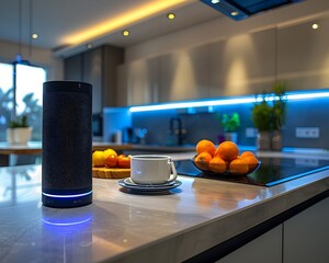Poster - Sleek and Smart Kitchen with Voice Controlled Appliances and Modern Efficient Design