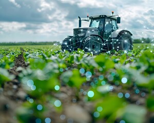 Poster - Autonomous Farming Equipment in Lush Green Field Precision Agriculture and Advanced Technology Concept