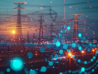 Canvas Print - Futuristic Interconnected Smart Grid Technology Powering Sustainable Urban Cityscape at Night