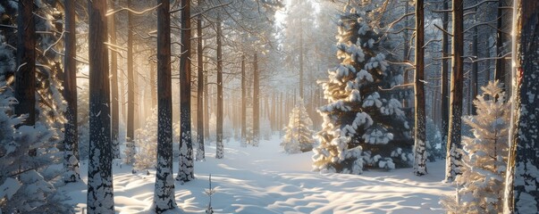 Wall Mural - Snow-covered forest with tall trees, 4K hyperrealistic photo