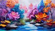 © Chayan - Vibrant impressionist painting of a colorful floral and rocky landscape by a serene water stream.
