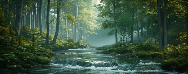 Sticker - Serene forest with a flowing river, 4K hyperrealistic photo