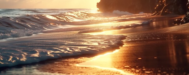 Wall Mural - Secluded beach at sunset with golden light illuminating the sand, 4K hyperrealistic photo