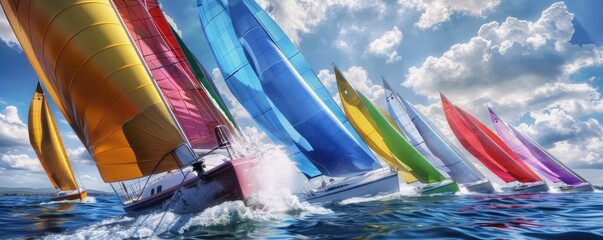 Wall Mural - Sailboat racing in a regatta with colorful sails billowing in the wind, 4K hyperrealistic photo