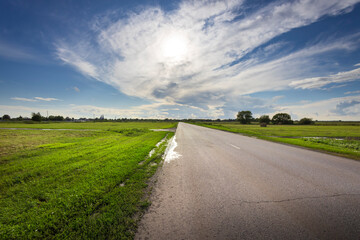 Wall Mural - A captivating stretch of road leads through vibrant green fields, embraced by a vast, cloud-dotted sky, capturing the essence of freedom and tranquility.