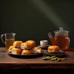 illustration of indian vada pav tea on an old table in the style, Generative ai