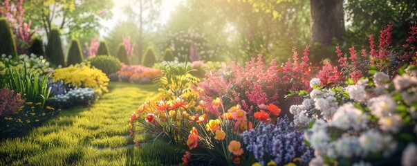 Wall Mural - Peaceful garden with blooming flowers, 4K hyperrealistic photo