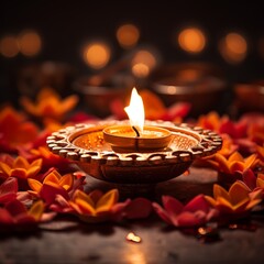 Canvas Print - illustration of Lit up Indian diya product photography sharp focus, Generative ai