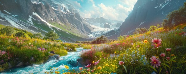 Wall Mural - Glacier-carved valley with a turquoise river flowing through a field of wildflowers, 4K hyperrealistic photo