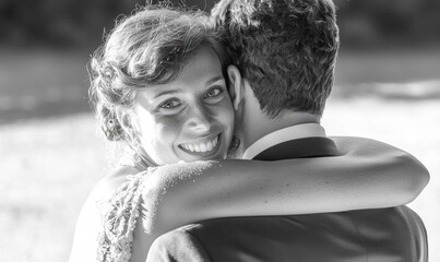 Black and White Wedding Couple Embracing by the Water