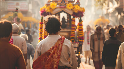 A devout individual, walking in a religious ceremony with a group of believers in procession.