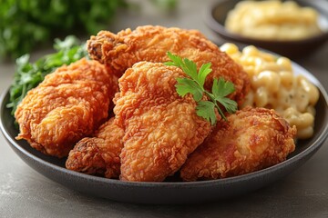 Wall Mural - A close-up shot of a plate of Southern fried chicken, crispy and golden brown, garnished with fresh parsley. 