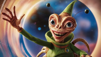 Canvas Print - A cartoon alien with a green outfit and big eyes, AI