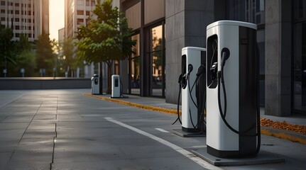 Modern electric vehicle charging station with two chargers on sleek building background.generative.ai
