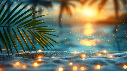 Canvas Print - A beach scene with a palm tree and a body of water