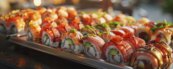 Wall Mural - Delicious sushi platter with assorted rolls, 4K hyperrealistic photo