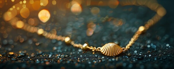 Wall Mural - Delicate gold anklet with a charm shaped like a seashell, 4K hyperrealistic photo