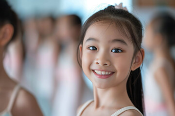 photo of a beautiful seven year old Asian girl with a smile doing ballet in a modern ballet school, development concept, advertising banner