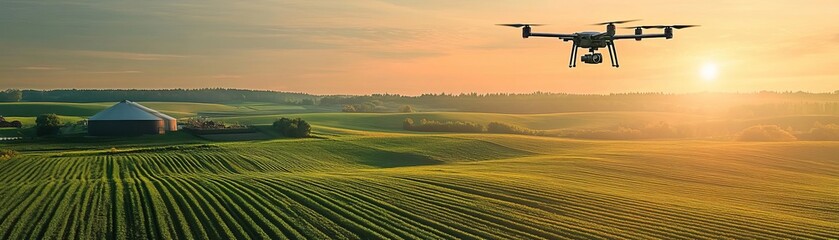 Tilted angle view of a sleek drone navigating over a vibrant green rural landscape