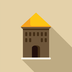 Poster - simple illustration of a building featuring a yellow roof, casting a long shadow on a light brown ba