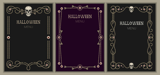 Set of vintage frames made with bones, skull, creepy eyes. Good for Halloween, Dia de Muertos holiday decoration. Template for menu, poster, invitation etc Not AI