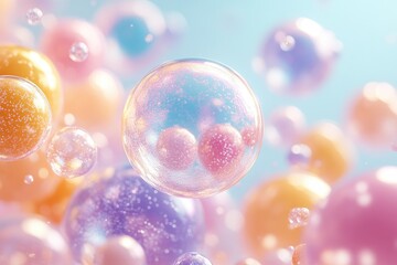 Poster - Beautiful transparent soap bubbles floating on abstract pastel pink and blue background