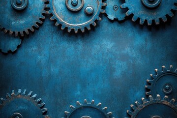 Rusty blue metallic industrial gears forming a copy space background