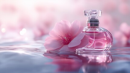 Wall Mural - A perfume bottle with a pink flower on the surface of water.