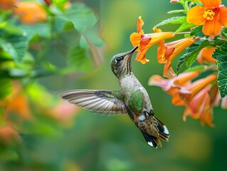 Sticker - Graceful Hummingbird Hovering Near Vibrant Flower in Lush Garden Environment