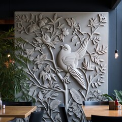 Wall Mural - illustration of Bird and plants carving on a walls of a high end res, Generative ai