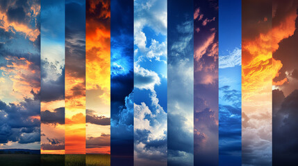 Wall Mural - Visually captivating collage banner featuring stunning photographs of the sky under various weather conditions.