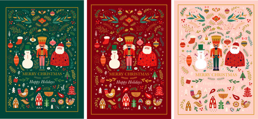 Wall Mural - christmas greeting cards with funny santa claus, nutcracker and snowman. christmas illustration in s