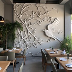 Wall Mural - illustration of Bird and plants carving on a walls of a high end res, Generative ai