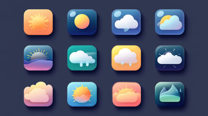 weather app icons showing weather conditions like heat, sun, rain, snow, clouds, humidity, seasons, 