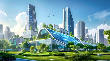 Sticker - modern buildings with advanced insulation, energy-efficient lighting, and HVAC systems, showcasing a futuristic, eco-friendly urban landscape