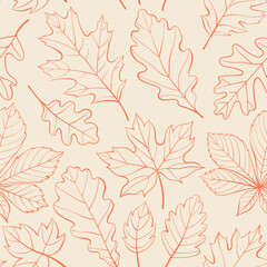 Oak, maple, chestnut leaves outline seamless pattern. Autumn or spring leaves in doodle style. Vector monochrome red foliage contour on beige background for wrapping paper, wallpaper, and fabric.