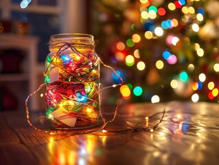 A vibrant jar filled with colorful lights, creating a warm holiday ambiance against a festive backdrop.