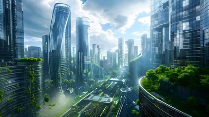 Poster - modern buildings with advanced insulation, energy-efficient lighting, and HVAC systems, showcasing a futuristic, eco-friendly urban landscape