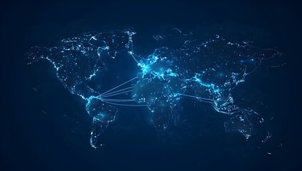 Poster - A world map with glowing connections between different countries, representing global network and connectivity