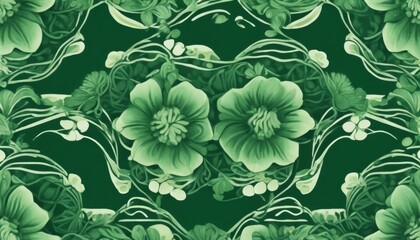 Wall Mural - A green floral pattern with two flowers in the center. The flowers are surrounded by green leaves and vines