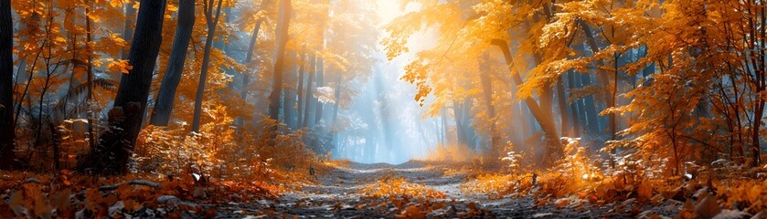 Poster - Enchanting Autumn Forest Trail Leading to Serene Clearing with Vibrant Golden Foliage and Soft Sunlight