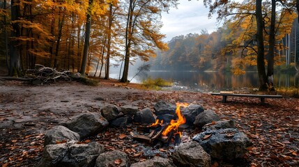 Wall Mural - Autumn Campfire Serenity in the Woodland Wonderland