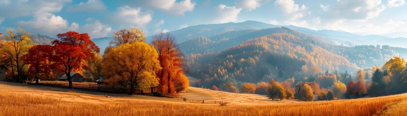 Wall Mural - Scenic Autumn Countryside with Colorful Foliage and Farmhouses in the Rolling Hills