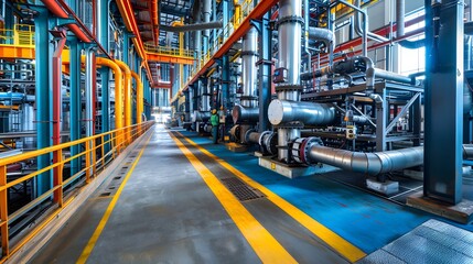 Poster -  an advanced industrial facility with waste heat recovery systems, optimized processes, and energy-efficient machinery, reducing overall energy consumption