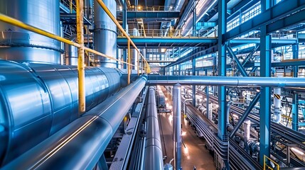 Poster -  an advanced industrial facility with waste heat recovery systems, optimized processes, and energy-efficient machinery, reducing overall energy consumption
